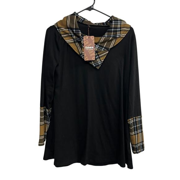 Preppy plaid tunic top Gaharu black cowl neck fall layers size L - Picture 1 of 6
